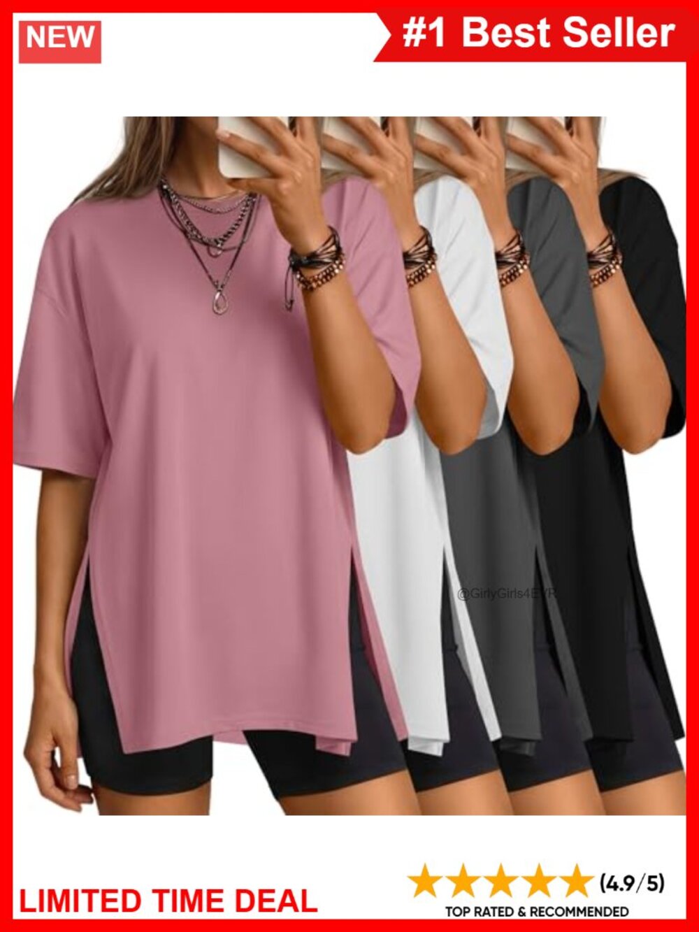 Oversized Crewneck T-Shirts 4 Pack Loose Fit Side Split Womens Tees
